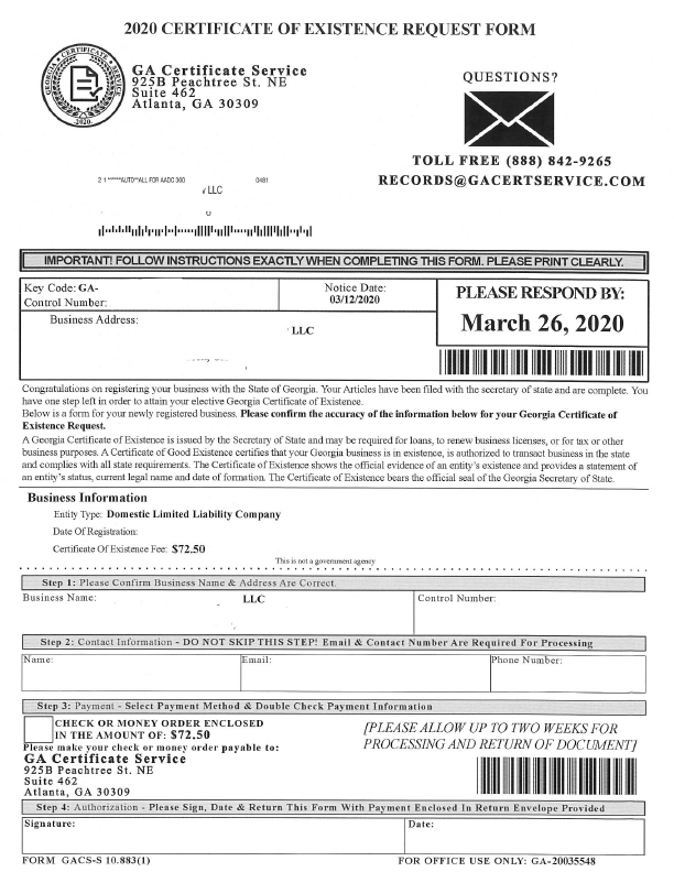 2022 certificate of existence request form