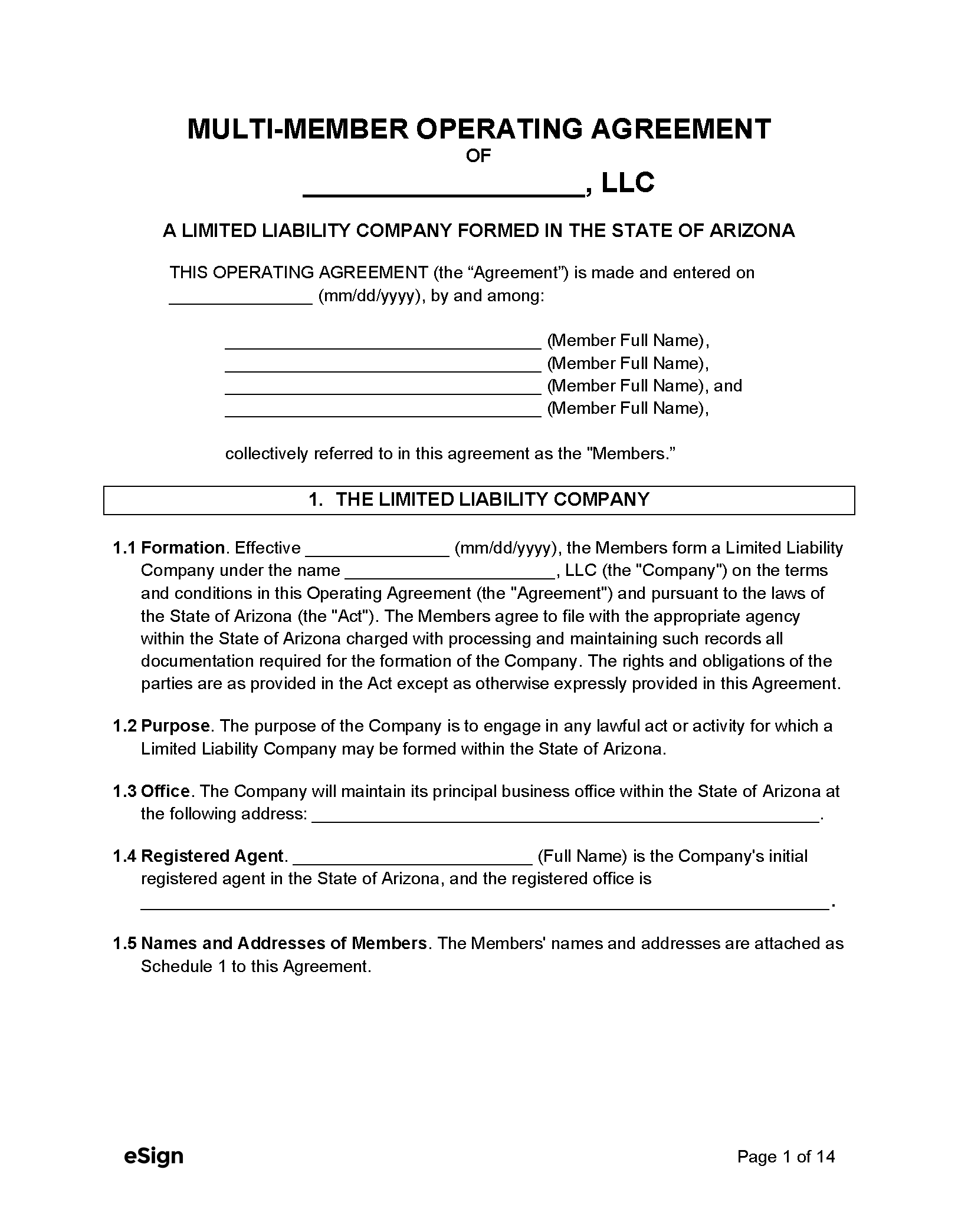 arizona multi member llc operating agreement