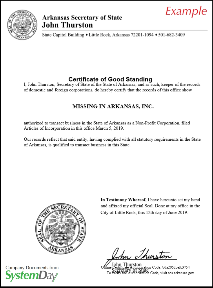 arkansas secretary of state certificate of good standing