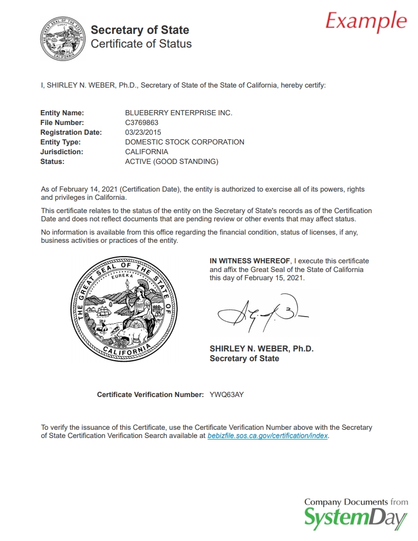 California Certificate of Formation