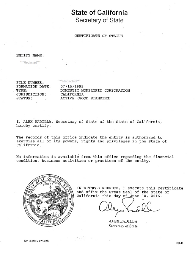 certificate of authority california secretary of state