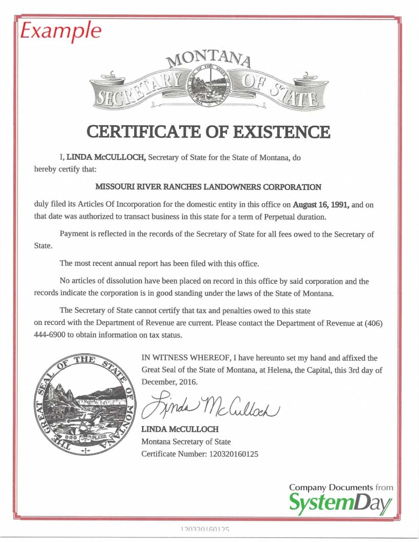 Certificate of Authority Montana