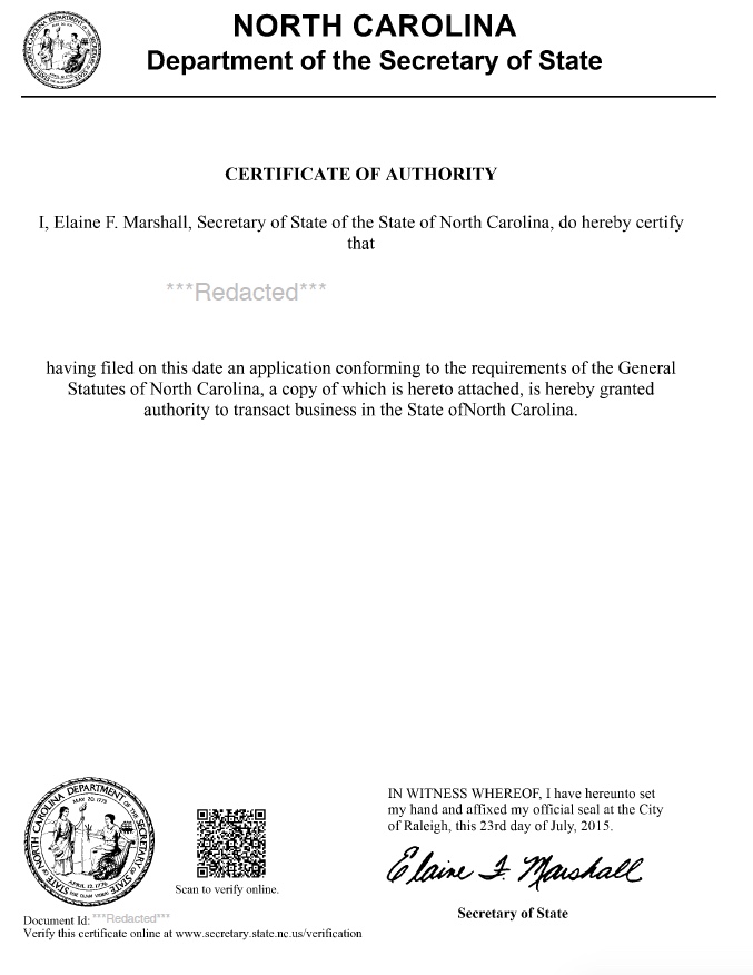 Certificate of Authority North Carolina