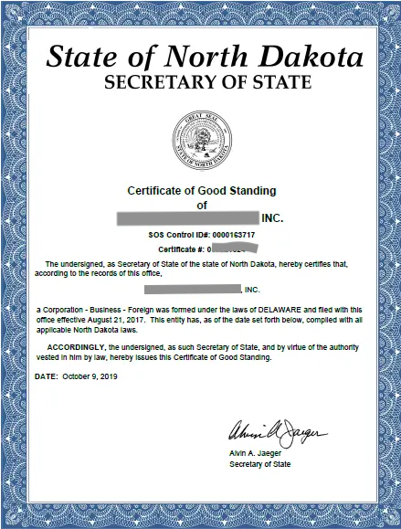 Certificate of Authority North Dakota