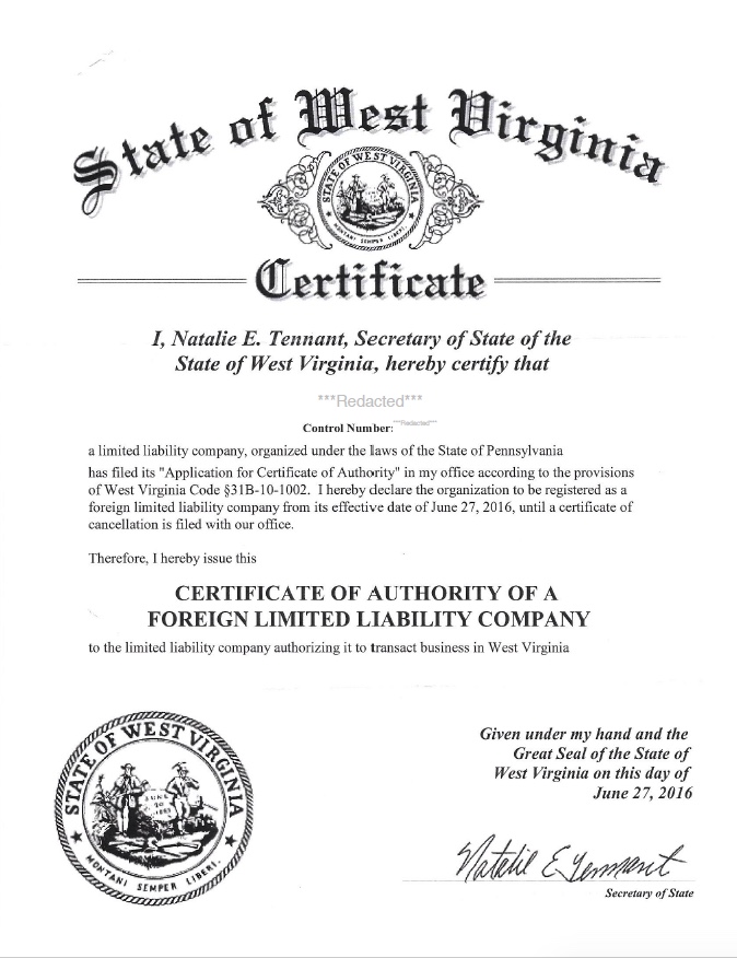 Certificate of Authority Pennsylvania
