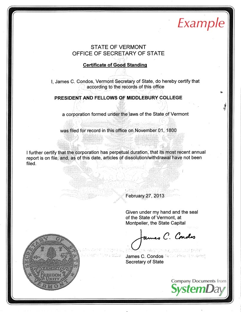 Certificate of Authority Vermont