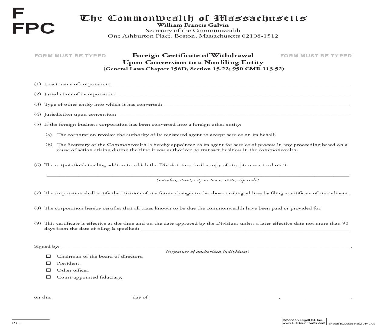 certificate of withdrawal massachusetts