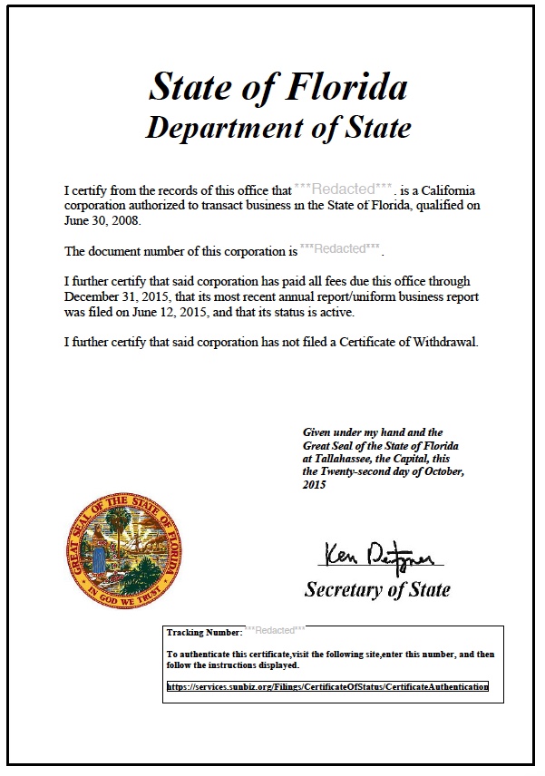 Florida Certificate of Organization