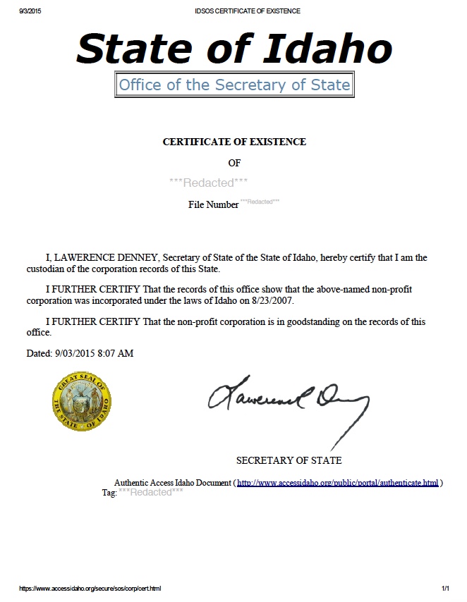 Idaho Certificate Of Formation