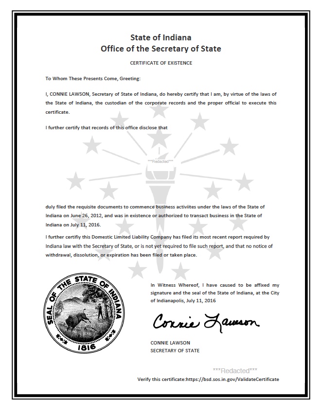Indiana Certificate of Formation