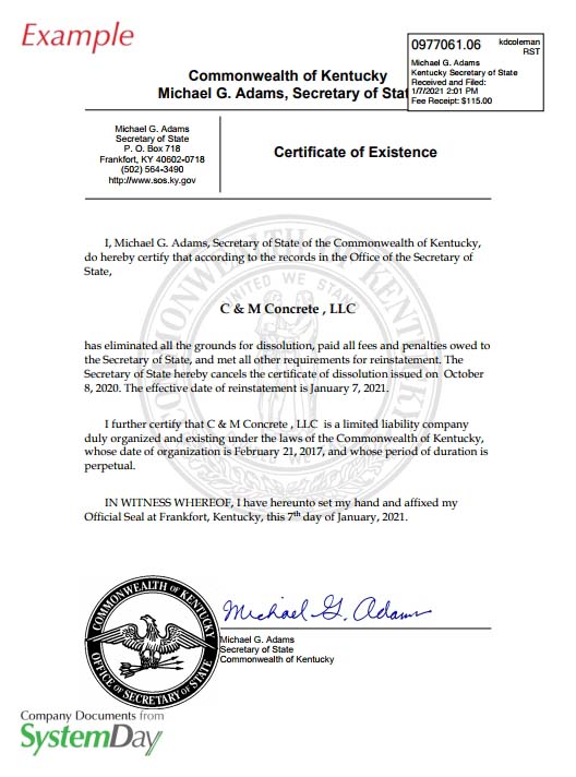 Kentucky Certificate of Organization