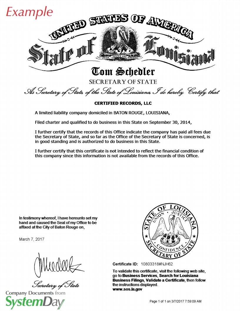 Louisiana Certificate of Formation