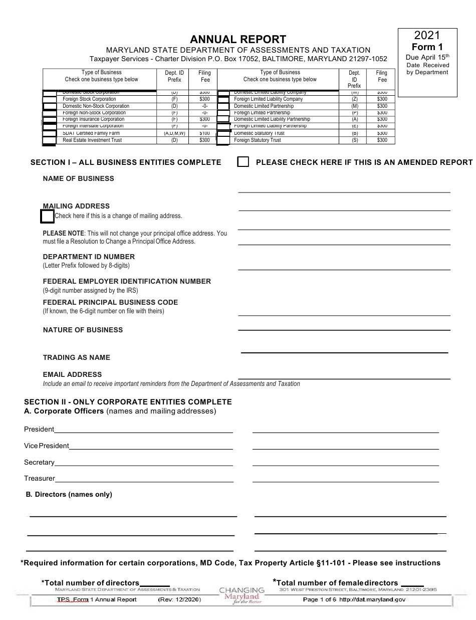 maryland annual report form 1 2022