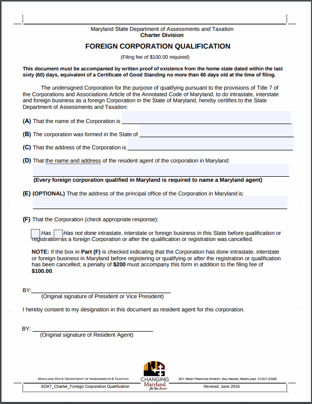 maryland foreign corporation qualification instructions