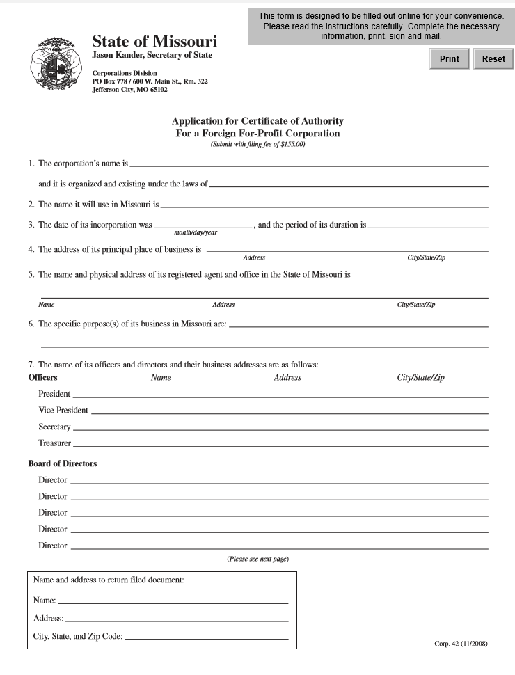 missouri application for certificate of authority for a foreign for-profit corporation