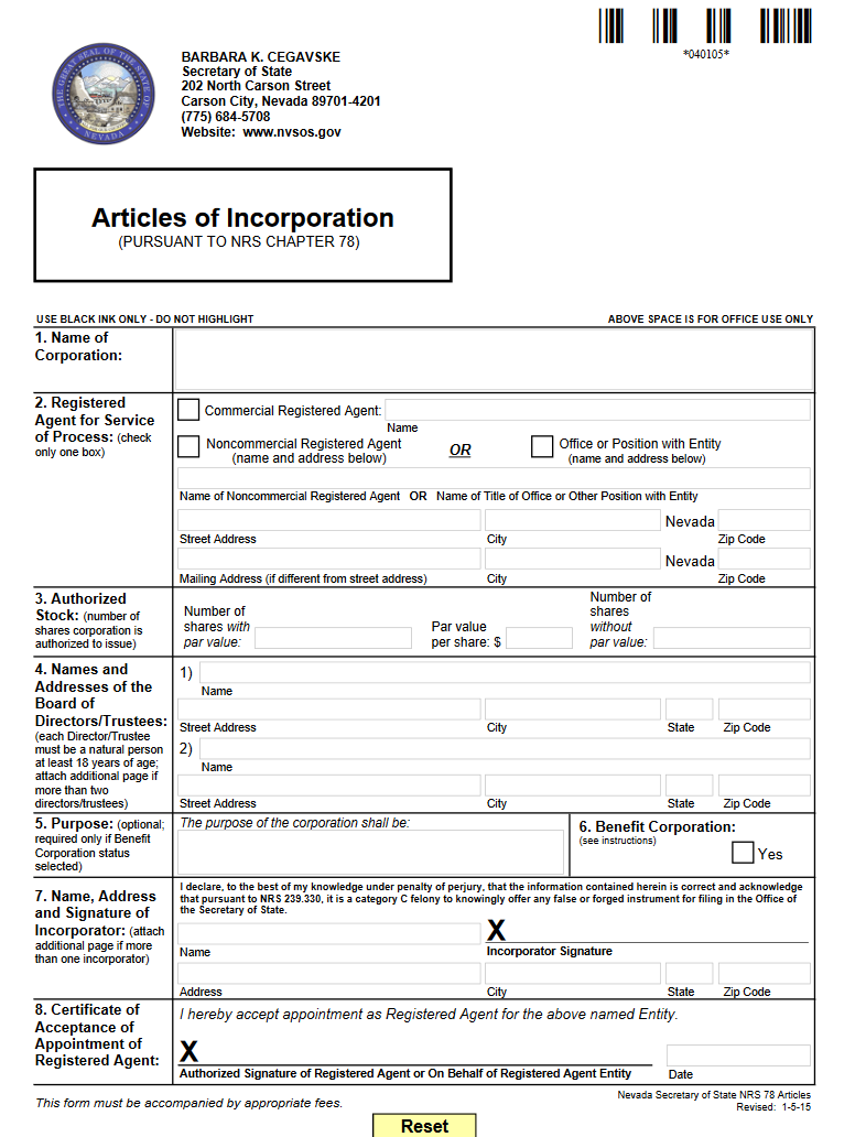 nevada articles of incorporation search