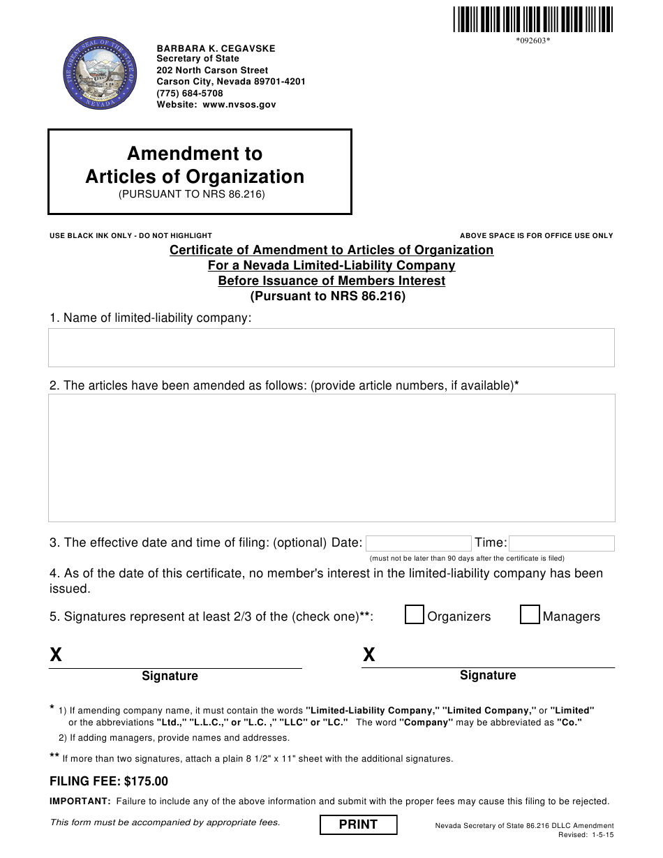 nevada certificate of amendment