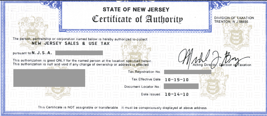 nj sales tax certificate of authority