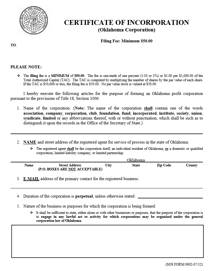 Oklahoma Articles of Incorporation