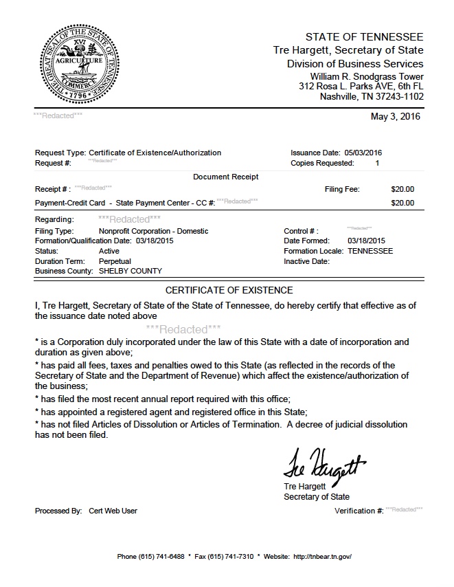 Tennessee Certificate Of Organization