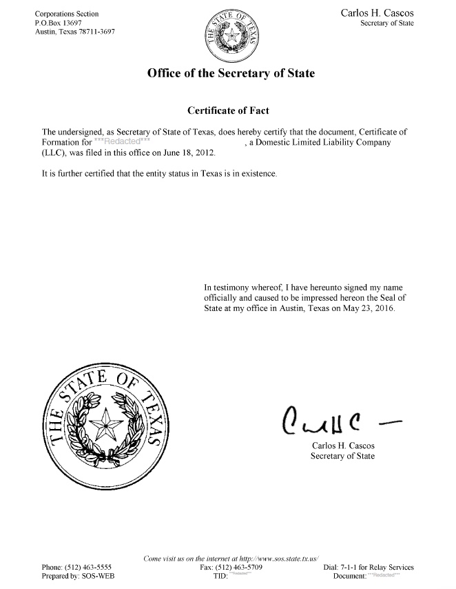 Texas Certificate of Organization