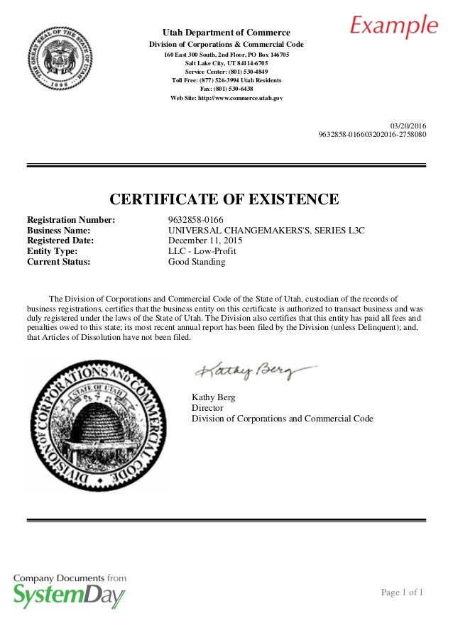 Utah Certificate of Formation