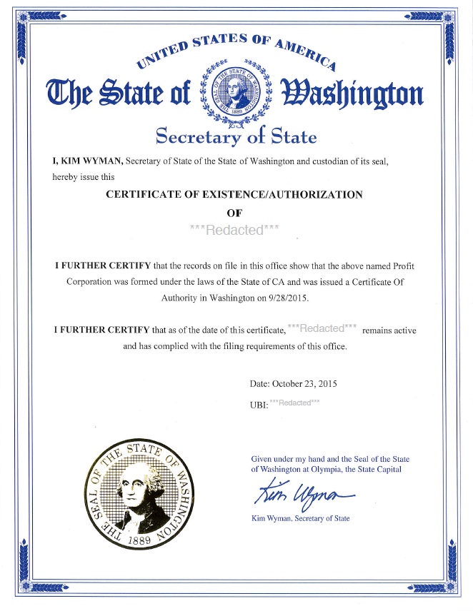 Washington Certificate of Organization