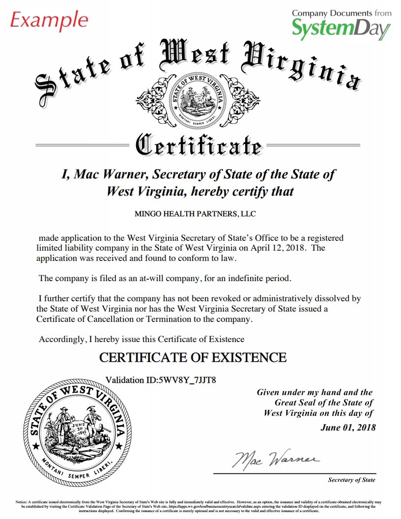 West Virginia Certificate of Organization