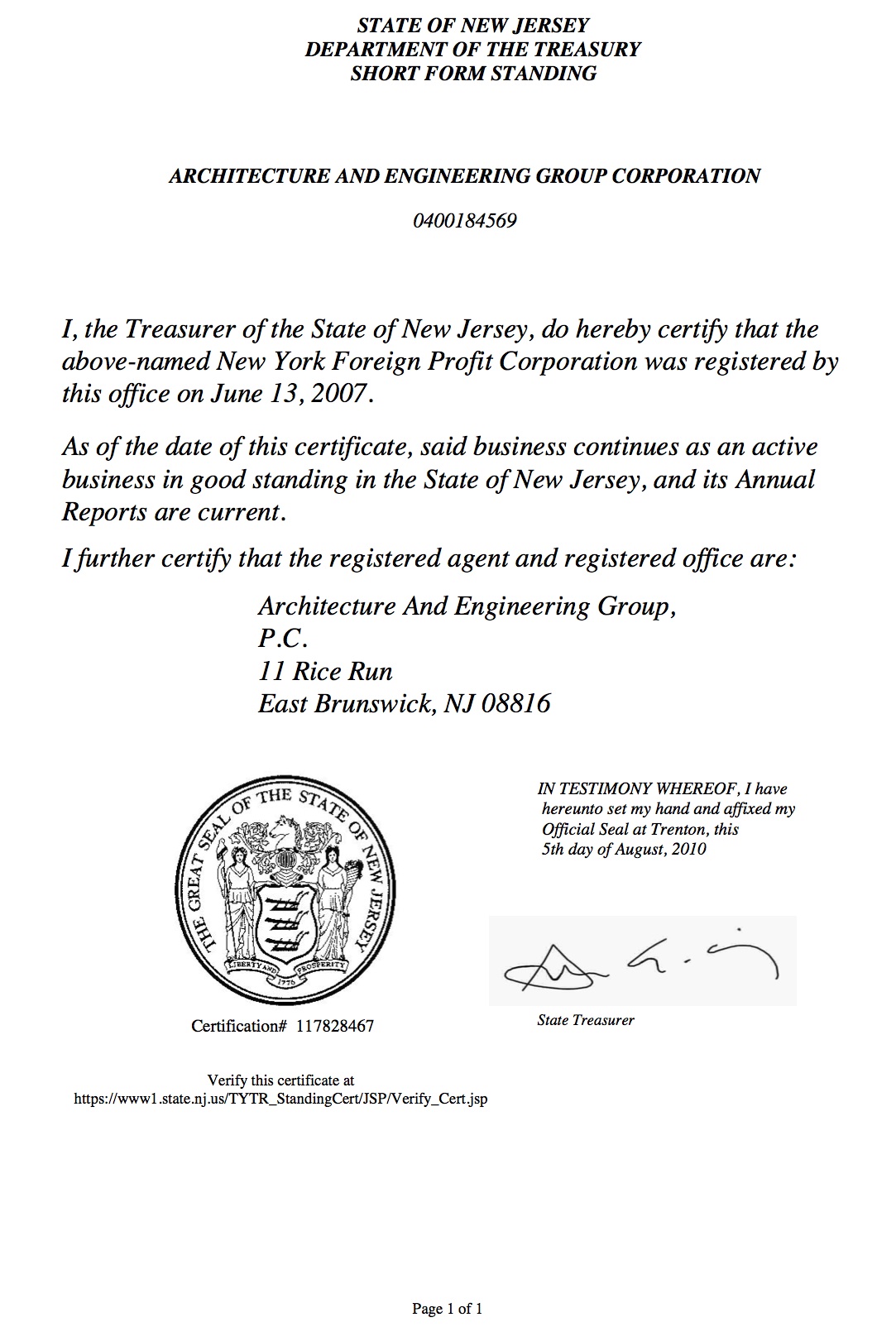 what does a nj certificate of authority look like