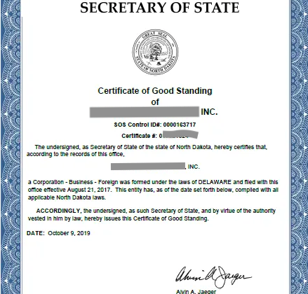 Certificate Of Authority North Dakota
