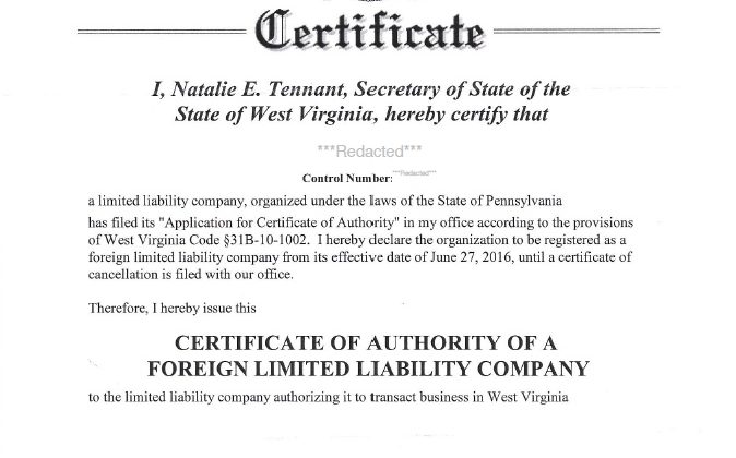 Certificate Of Authority Pennsylvania