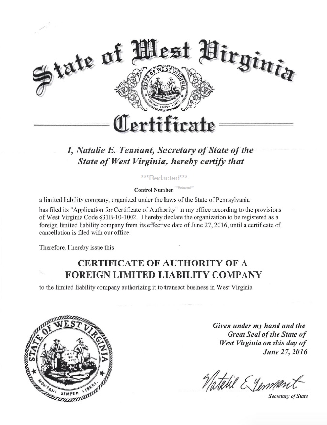 Certificate Of Authority Pennsylvania LLC Bible