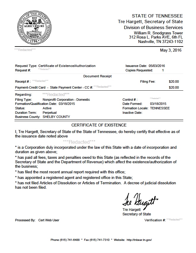 Certificate of Authority Tennessee LLC Bible