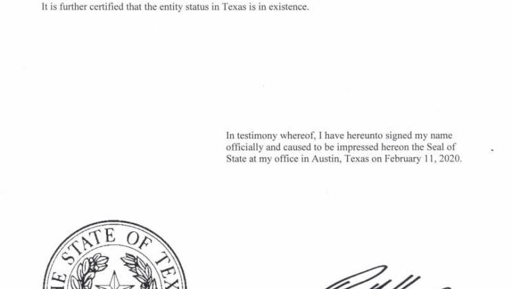 Certificate Of Authority Texas
