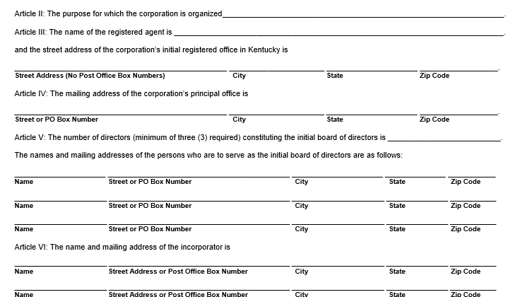 Kentucky Articles Of Incorporation