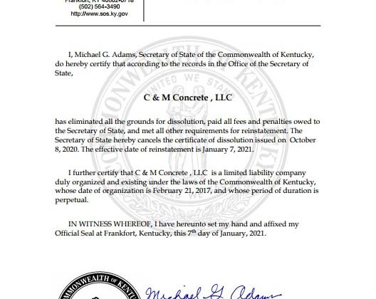 Kentucky Certificate Of Organization