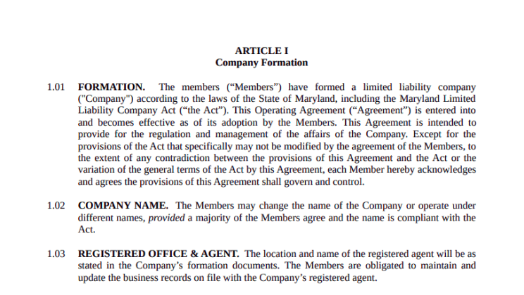 LLC Operating Agreement Maryland