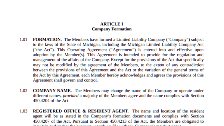 LLC Operating Agreement Michigan