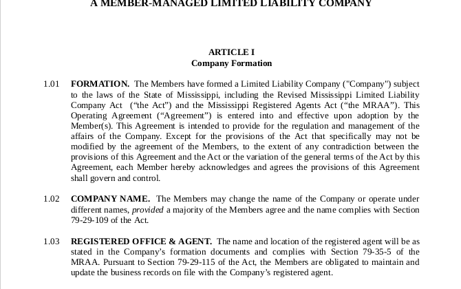 LLC Operating Agreement Mississippi