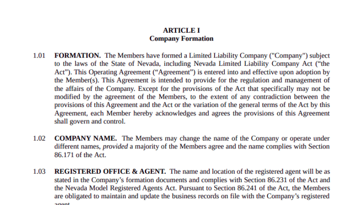 LLC Operating Agreement Nevada