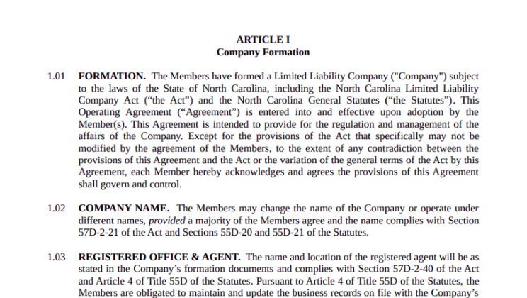 LLC Operating Agreement North Carolina