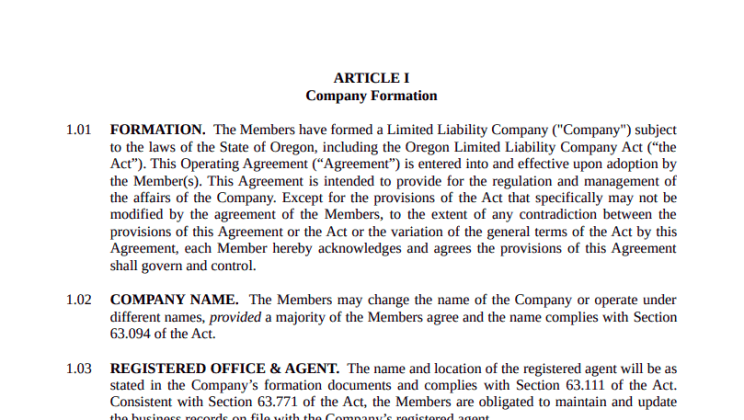 LLC Operating Agreement Oregon