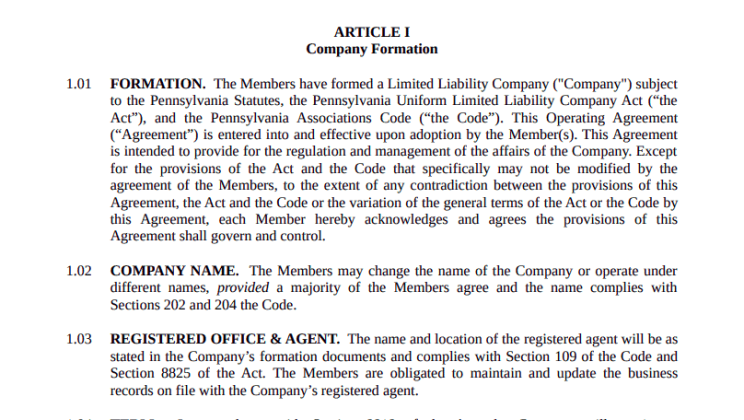 LLC Operating Agreement Pennsylvania