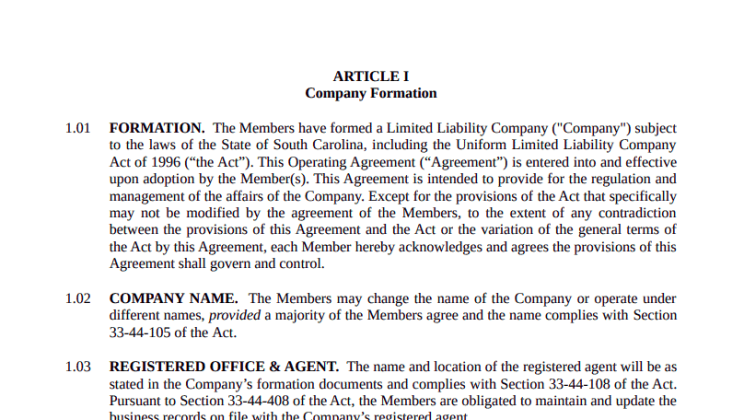 LLC Operating Agreement South Carolina