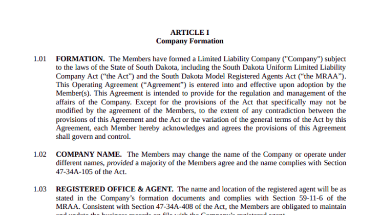 LLC Operating Agreement South Dakota