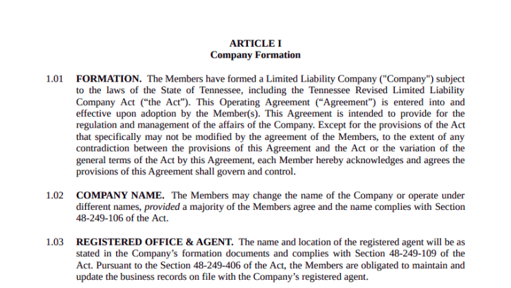 LLC Operating Agreement Tennessee