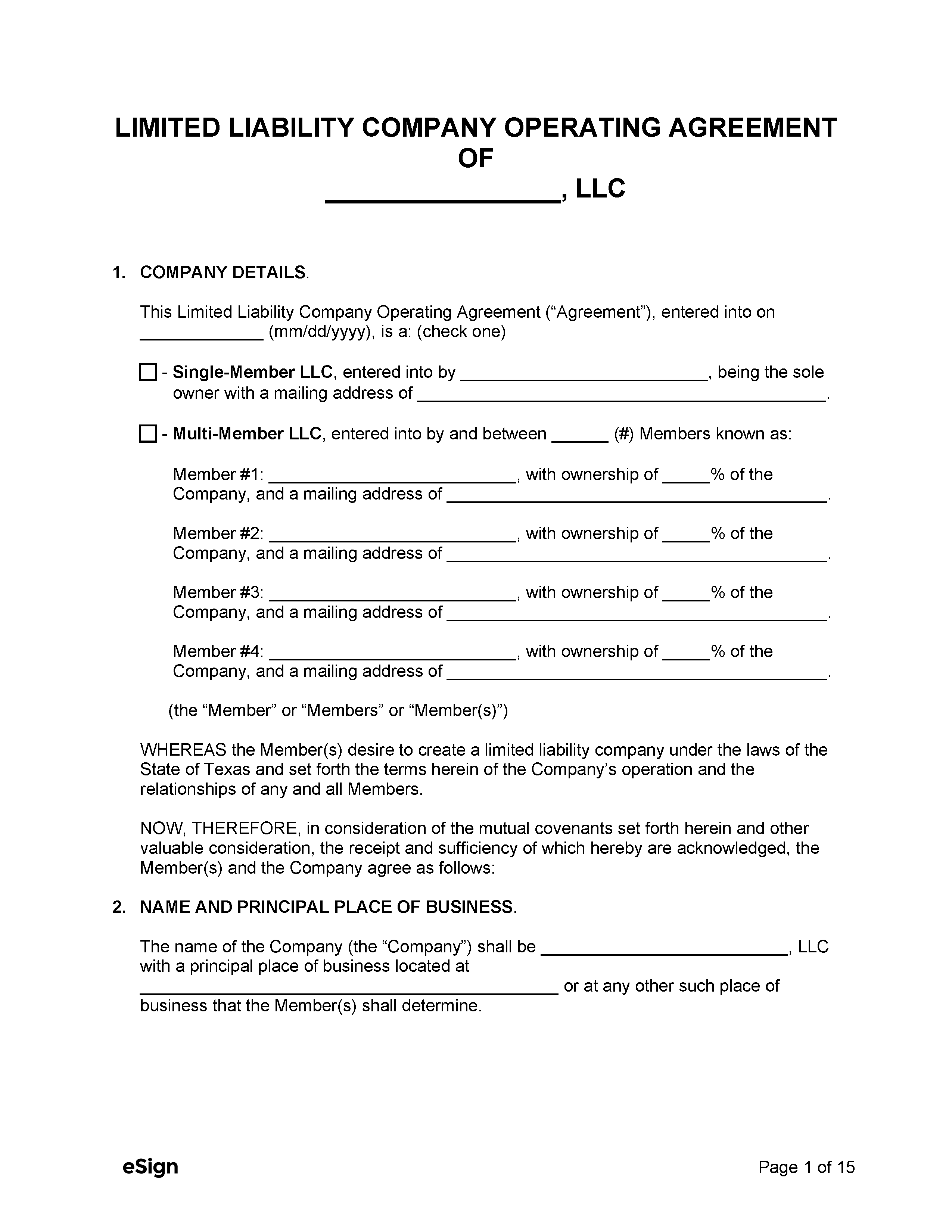 Texas Llc Operating Agreement Template