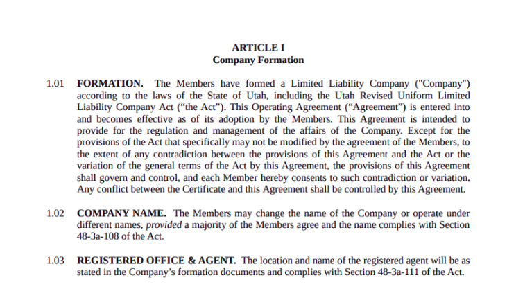 LLC Operating Agreement Utah
