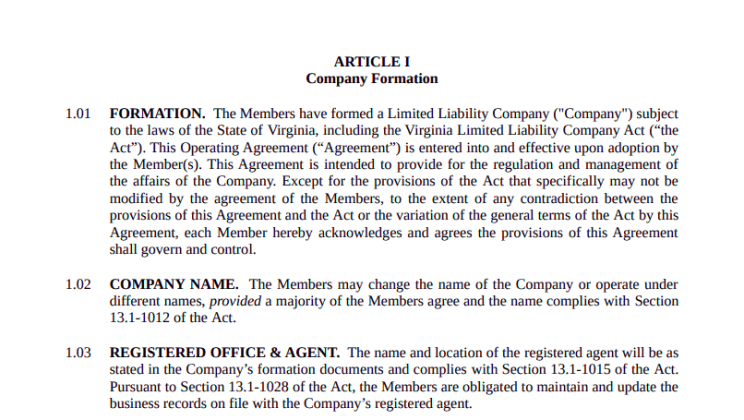 LLC Operating Agreement Virginia