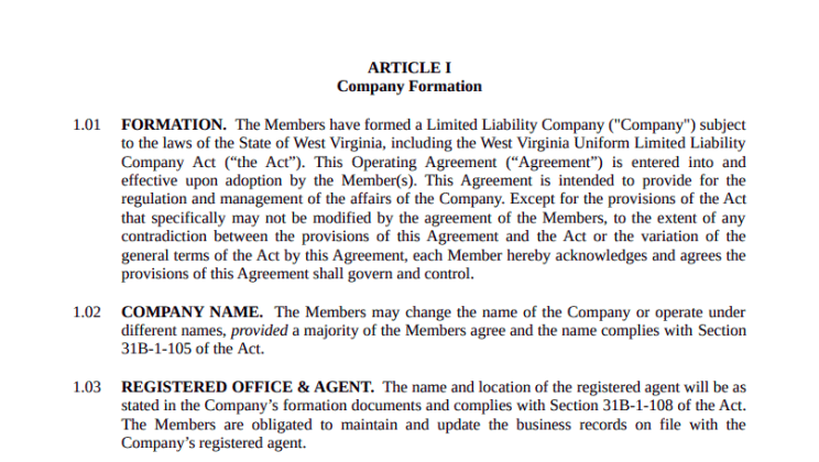 LLC Operating Agreement West Virginia